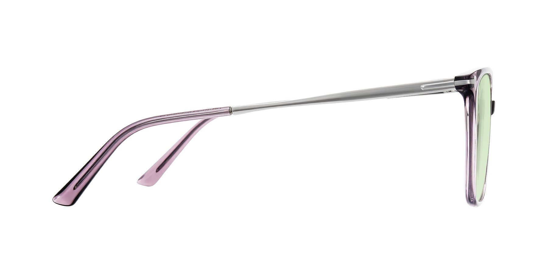 Side of Trusten in Transparent Purple with Light Green Tinted Lenses