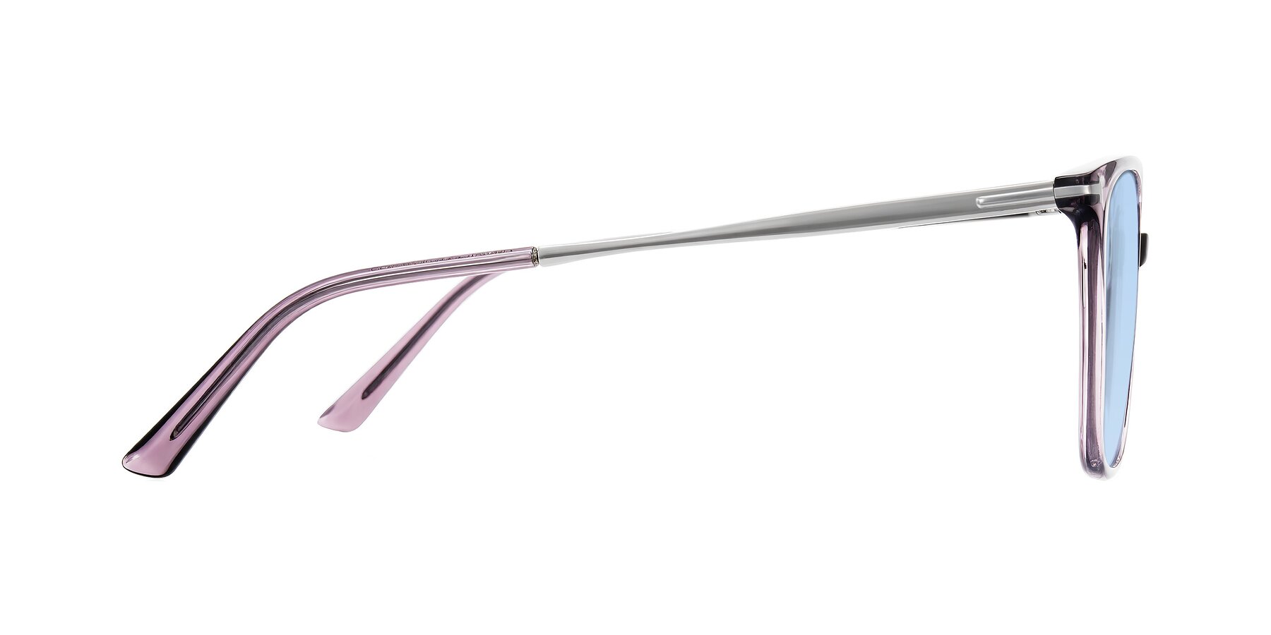 Side of Trusten in Transparent Purple with Light Blue Tinted Lenses