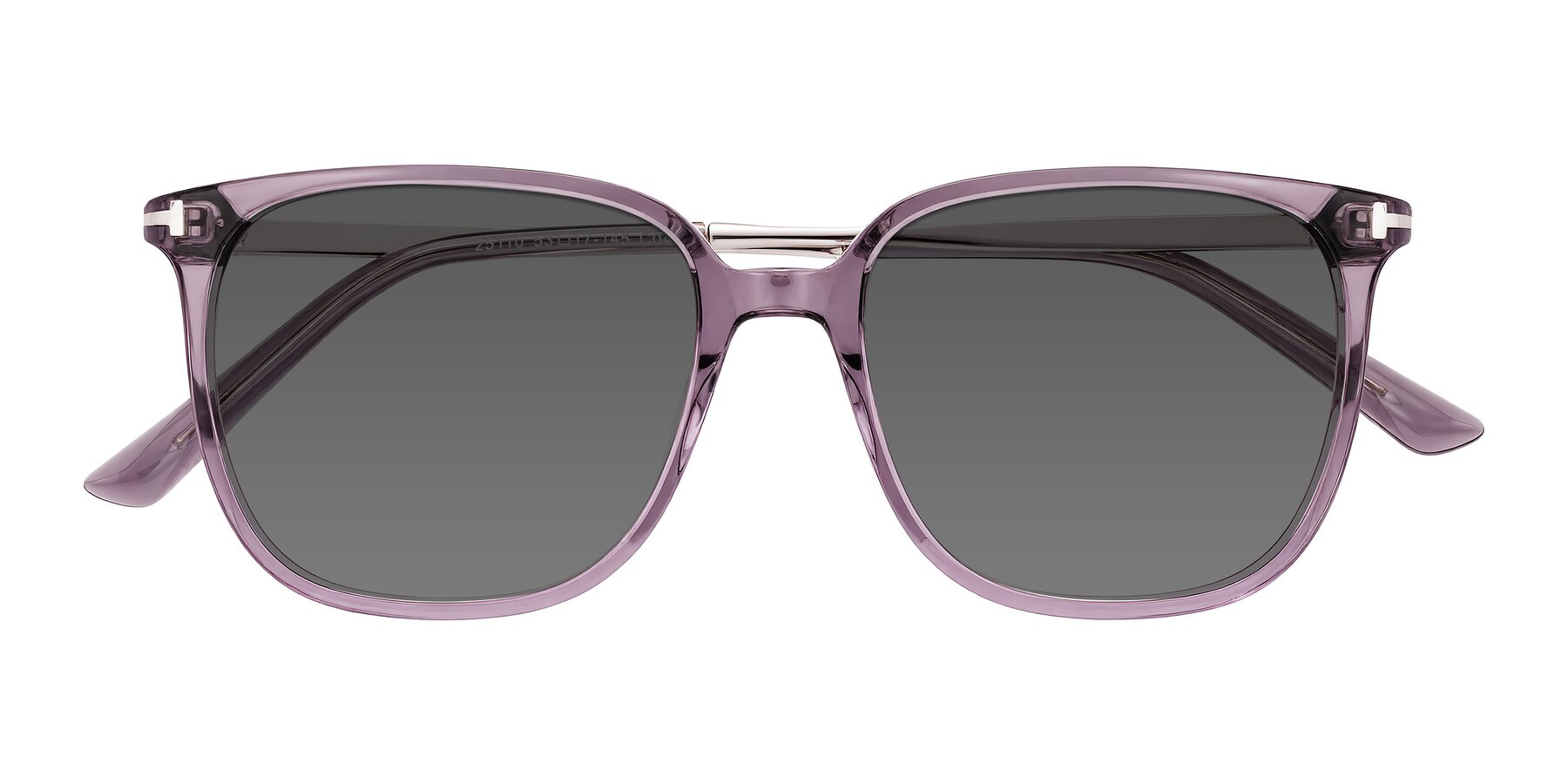 Folded Front of Trusten in Transparent Purple with Medium Gray Tinted Lenses