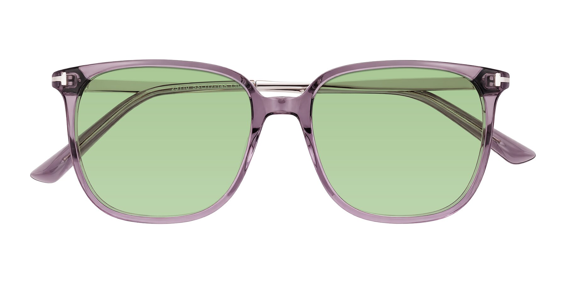 Folded Front of Trusten in Transparent Purple with Medium Green Tinted Lenses