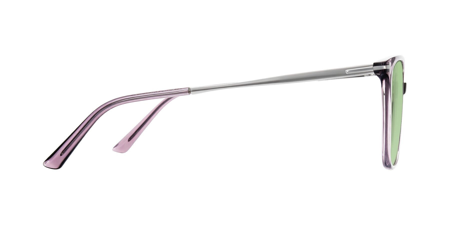 Side of Trusten in Transparent Purple with Medium Green Tinted Lenses