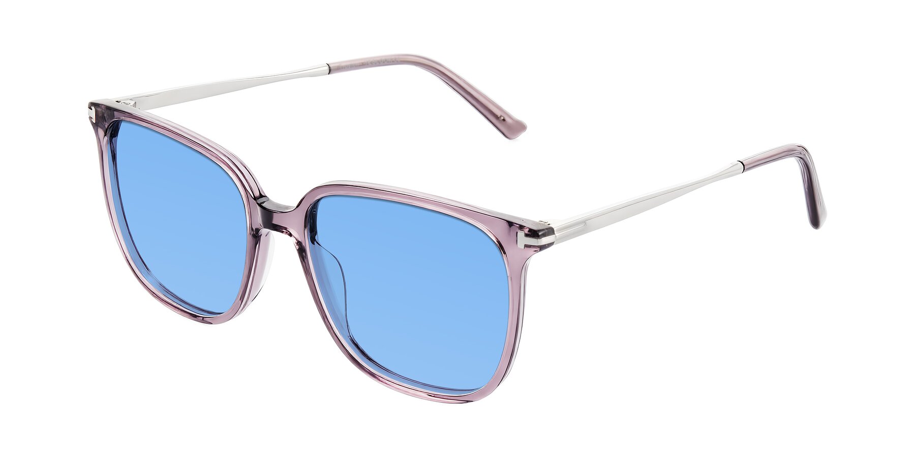 Angle of Trusten in Transparent Purple with Medium Blue Tinted Lenses