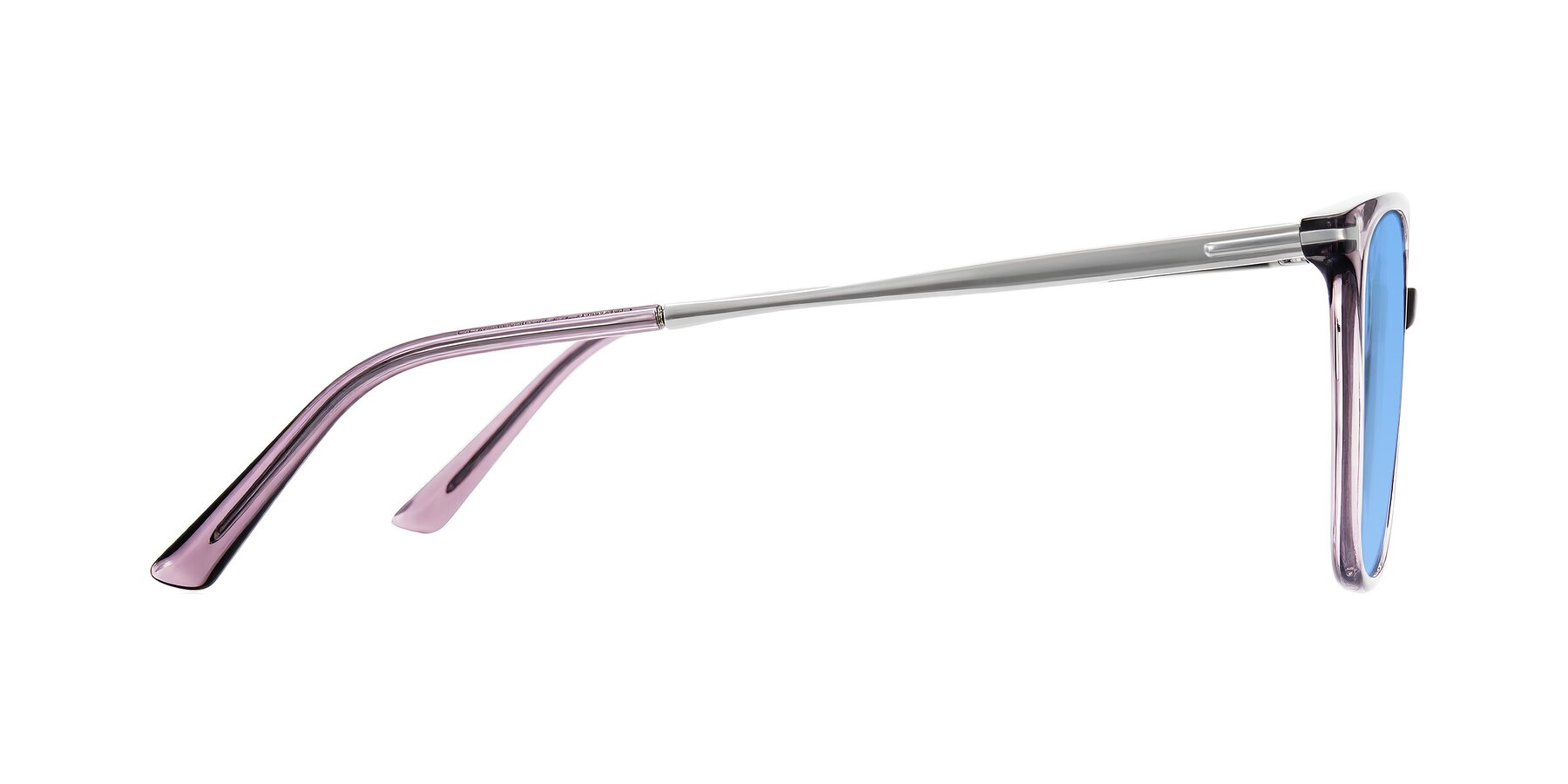 Side of Trusten in Transparent Purple with Medium Blue Tinted Lenses