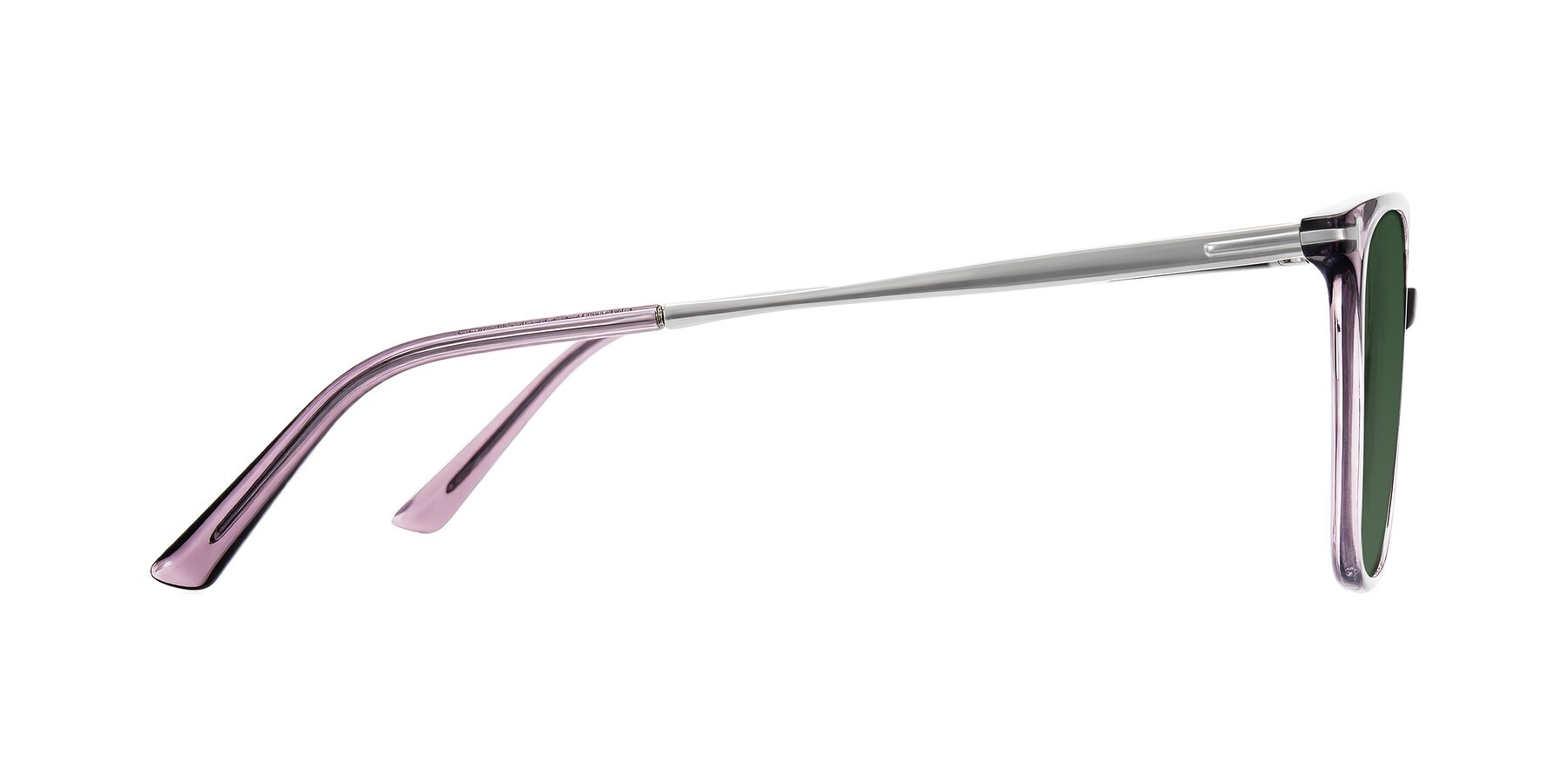 Side of Trusten in Transparent Purple with Green Tinted Lenses