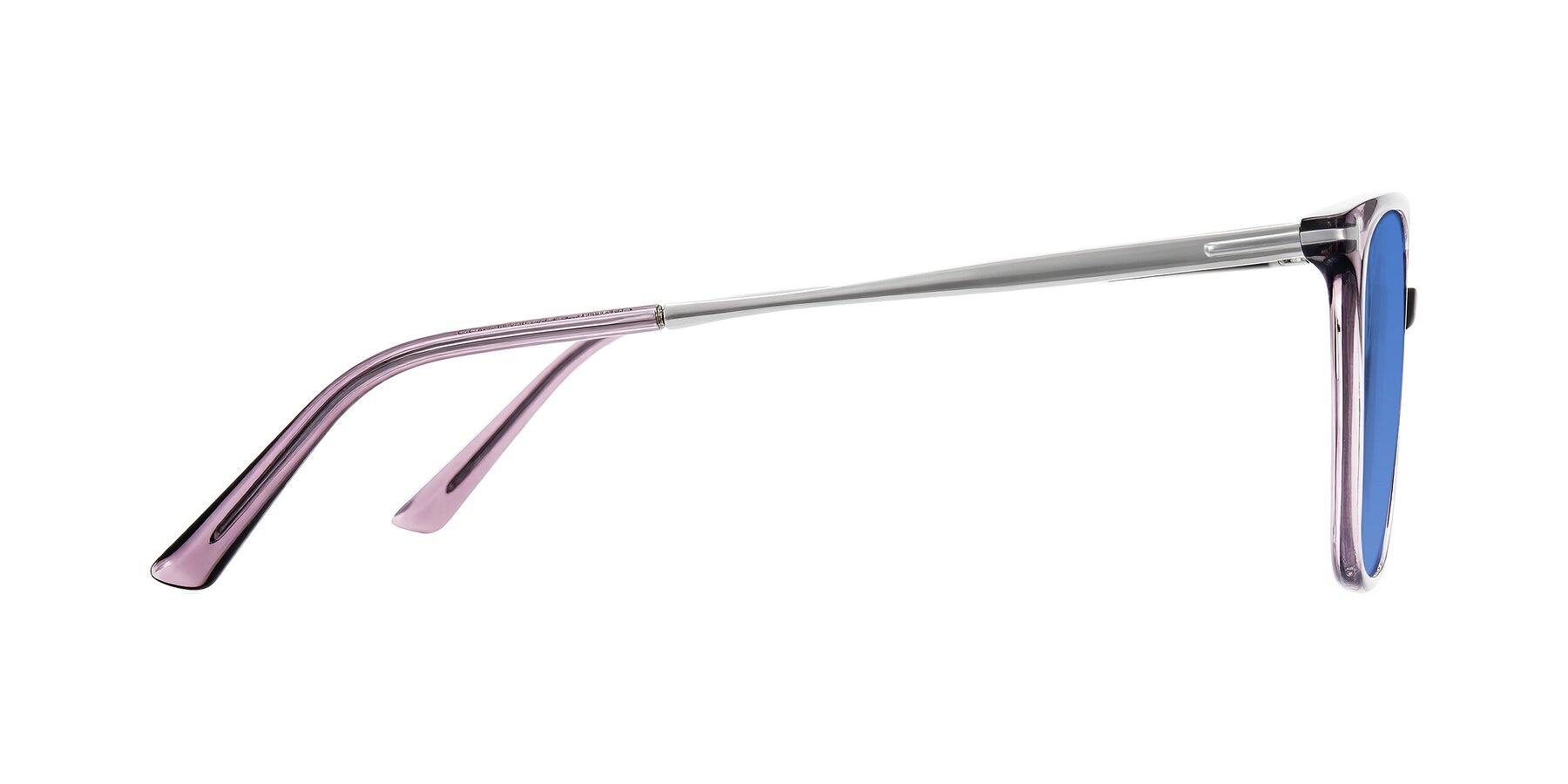 Side of Trusten in Transparent Purple with Blue Tinted Lenses