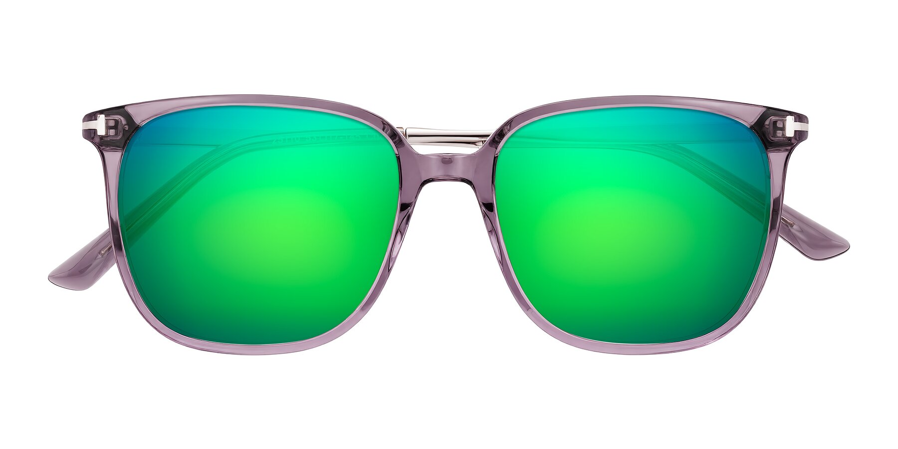 Folded Front of Trusten in Transparent Purple with Green Mirrored Lenses