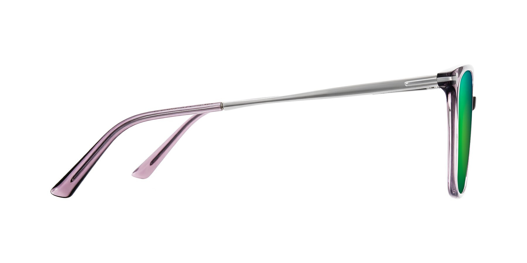 Side of Trusten in Transparent Purple with Green Mirrored Lenses