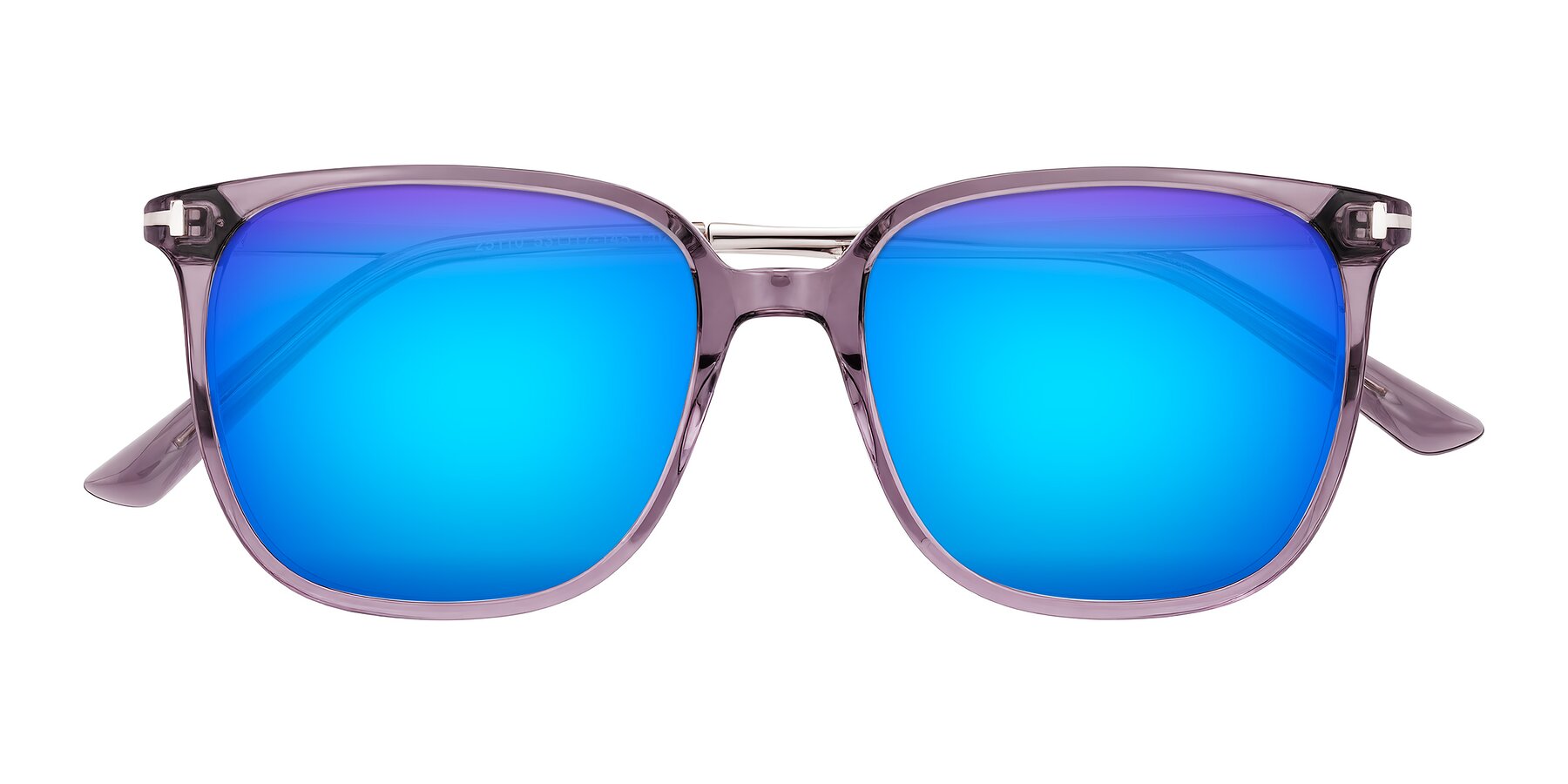 Folded Front of Trusten in Transparent Purple with Blue Mirrored Lenses