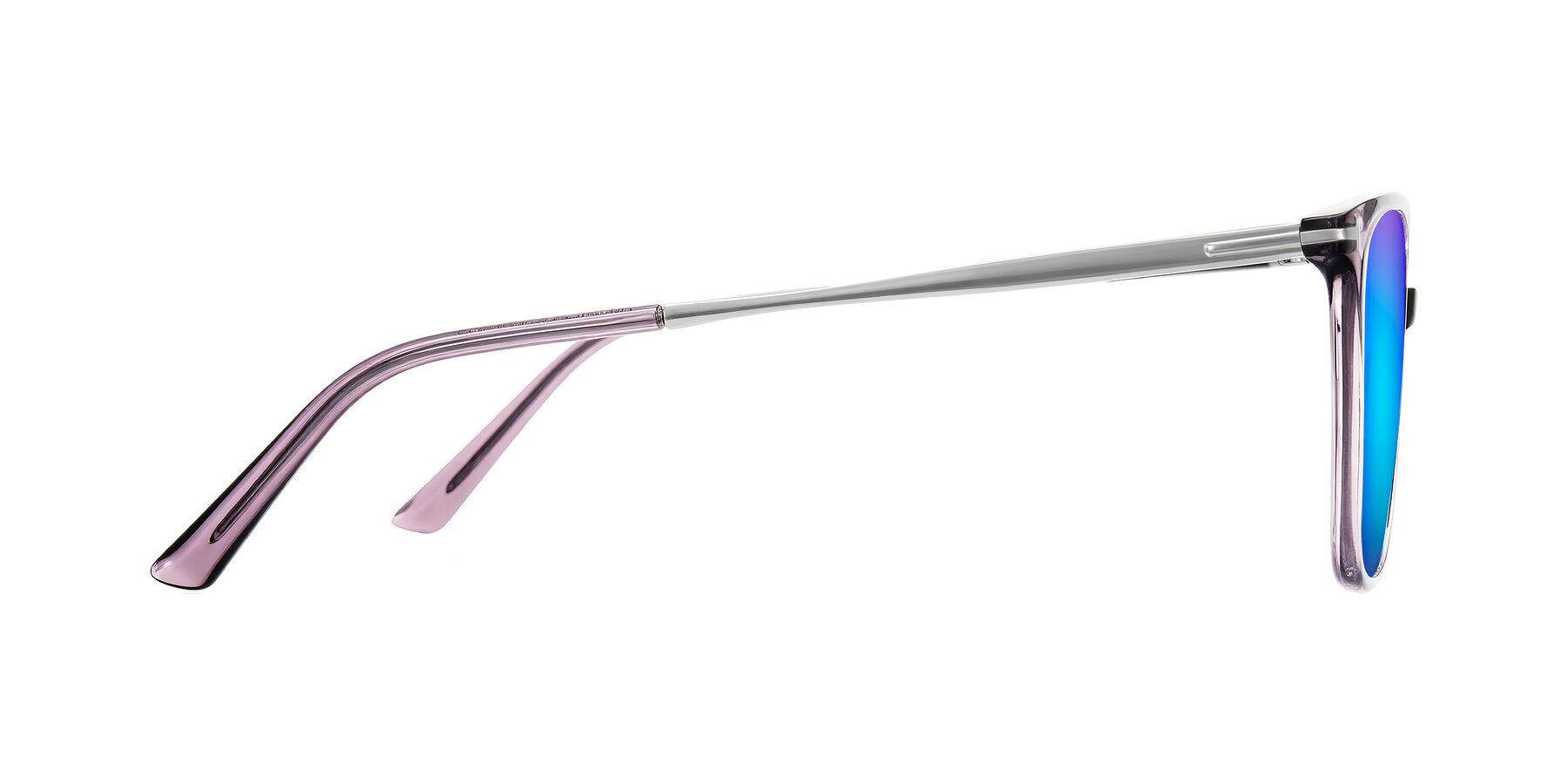 Side of Trusten in Transparent Purple with Blue Mirrored Lenses