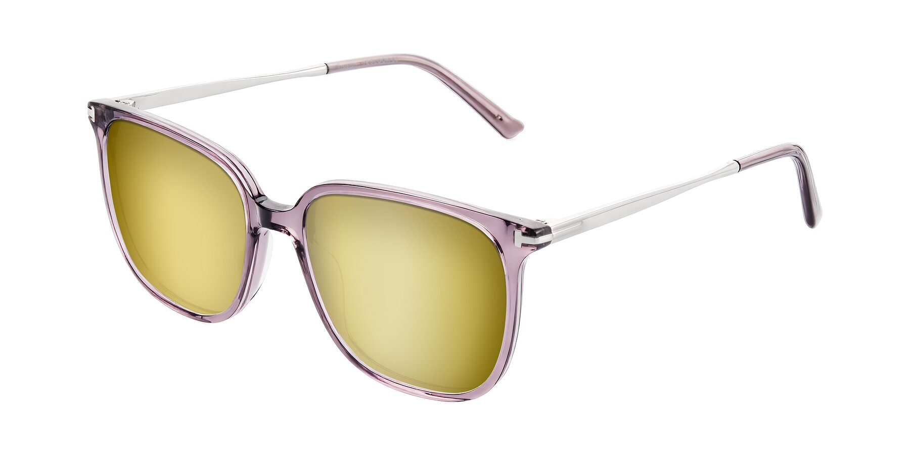 Angle of Trusten in Transparent Purple with Gold Mirrored Lenses