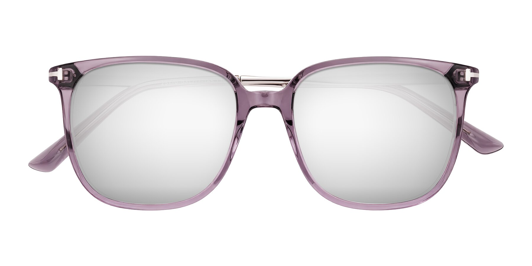 Folded Front of Trusten in Transparent Purple with Silver Mirrored Lenses