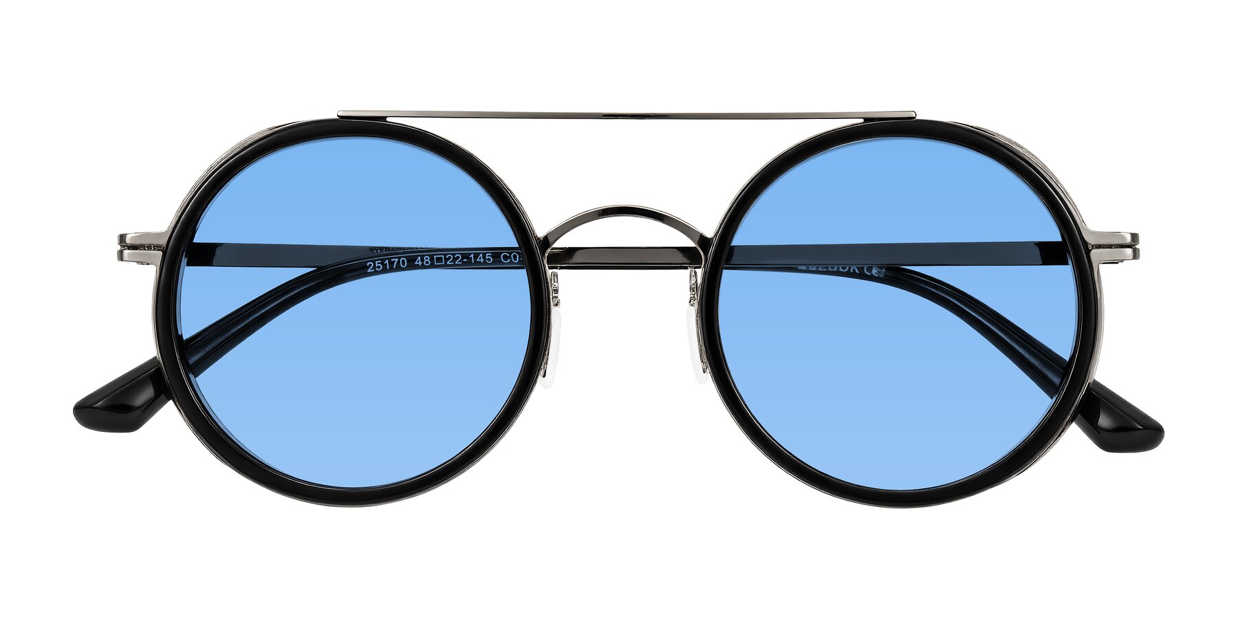 Folded Front of Lodovico in Black with Medium Blue Tinted Lenses