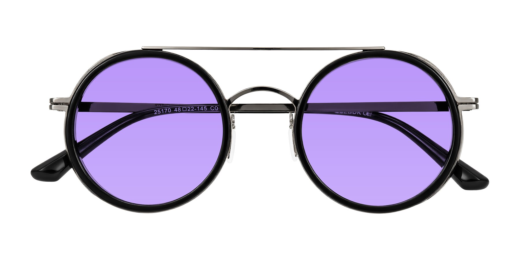 Folded Front of Lodovico in Black with Medium Purple Tinted Lenses