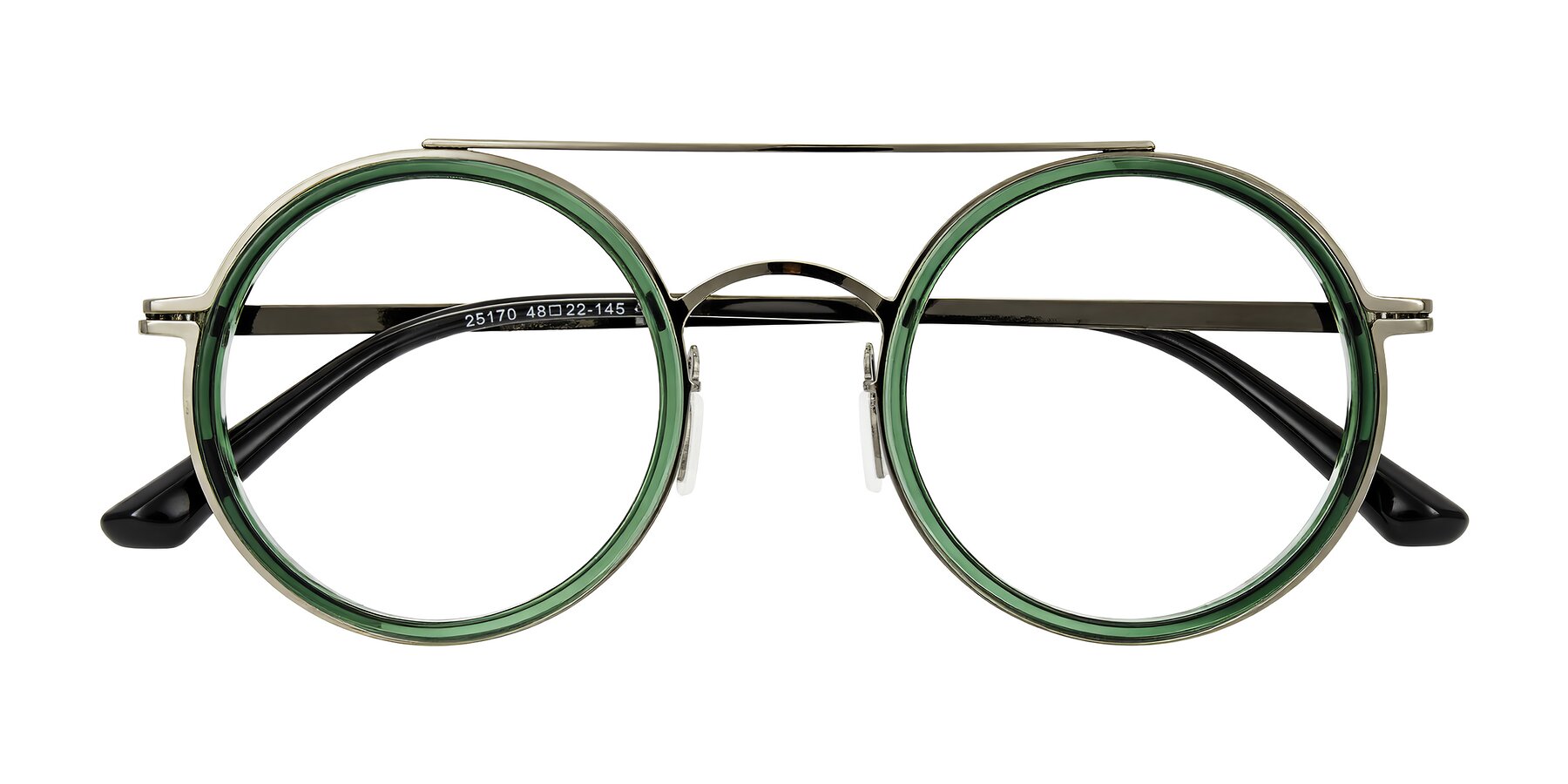 Folded Front of Lodovico in Transparent Green with Clear Eyeglass Lenses