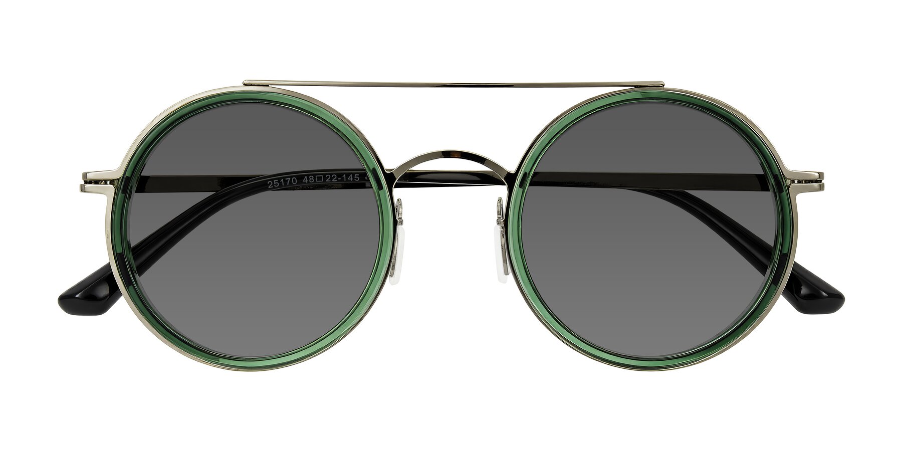 Folded Front of Lodovico in Transparent Green with Medium Gray Tinted Lenses