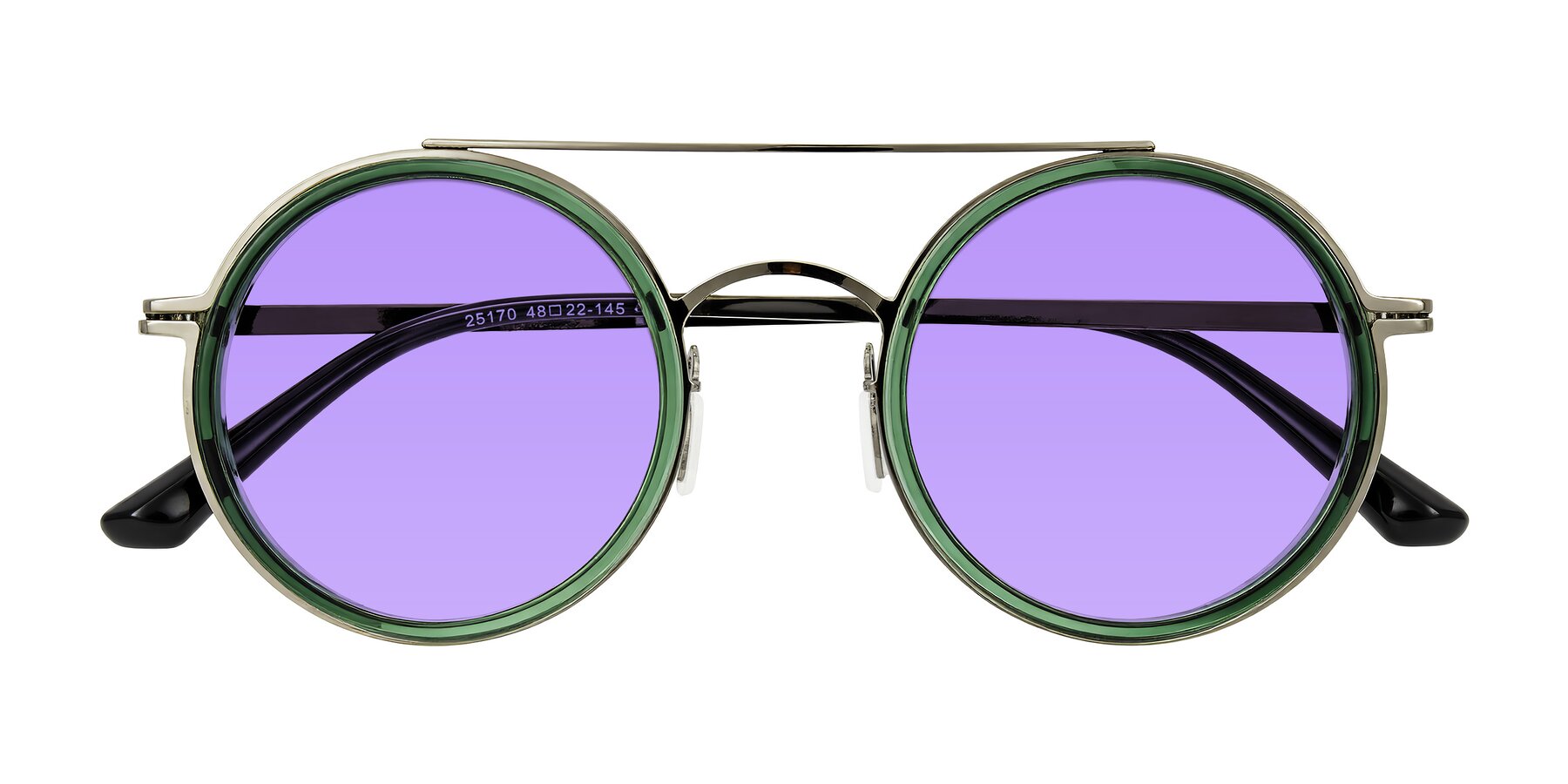 Folded Front of Lodovico in Transparent Green with Medium Purple Tinted Lenses