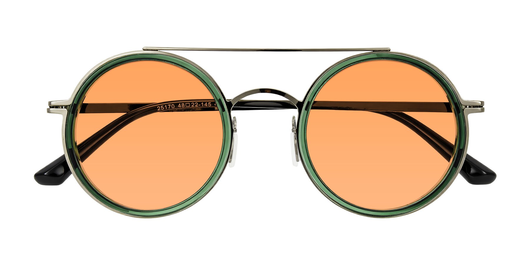 Folded Front of Lodovico in Transparent Green with Medium Orange Tinted Lenses