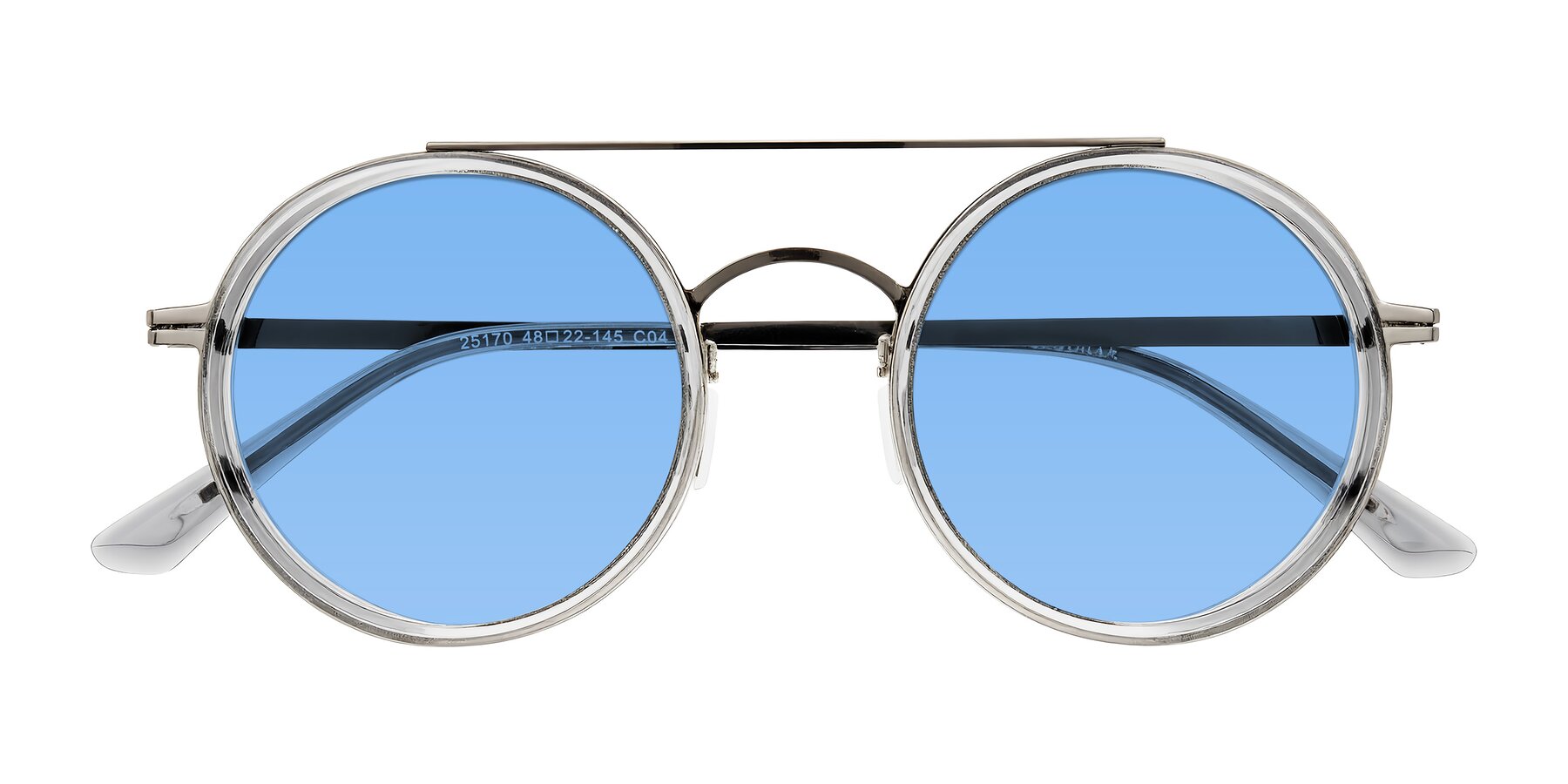 Folded Front of Lodovico in Transparent Gray with Medium Blue Tinted Lenses