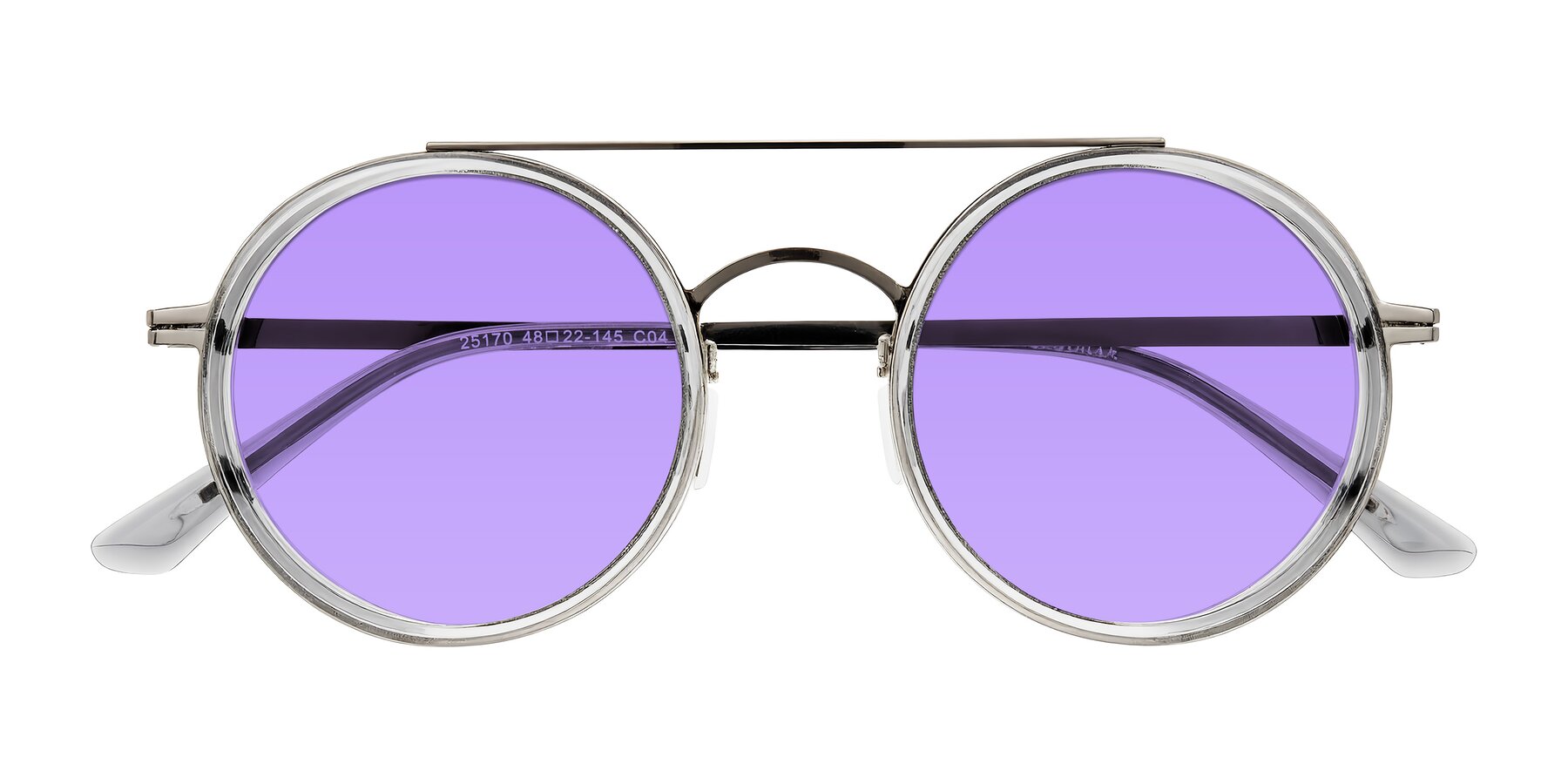 Folded Front of Lodovico in Transparent Gray with Medium Purple Tinted Lenses