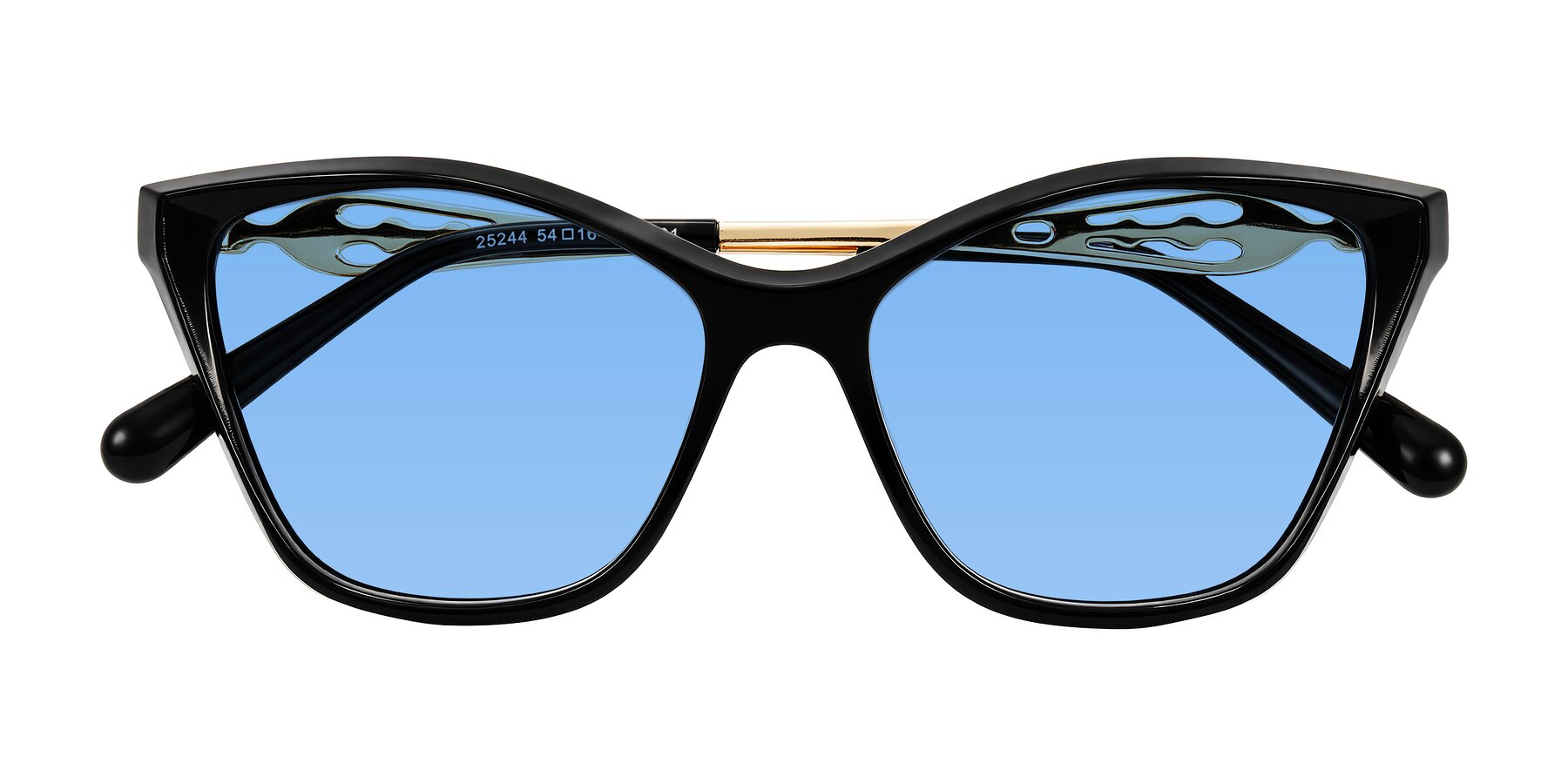 Folded Front of Aspen in Black with Medium Blue Tinted Lenses