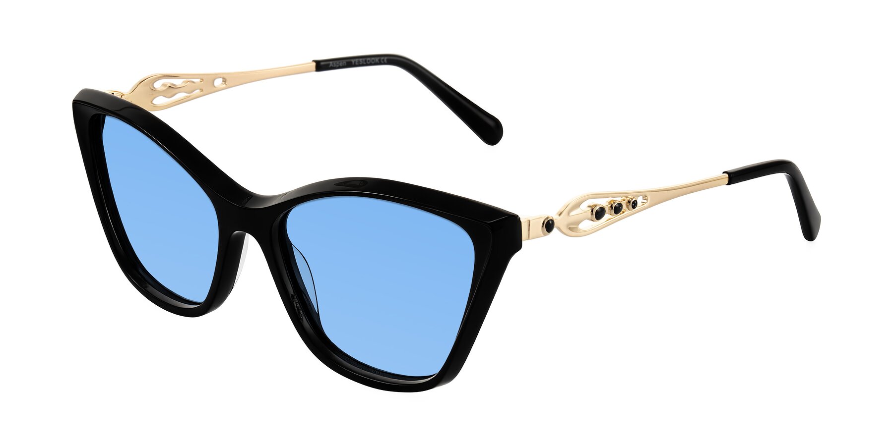 Angle of Aspen in Black with Medium Blue Tinted Lenses