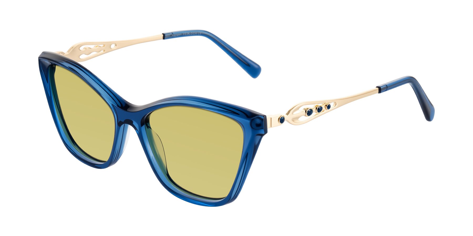 Angle of Aspen in Transparent Blue with Medium Champagne Tinted Lenses