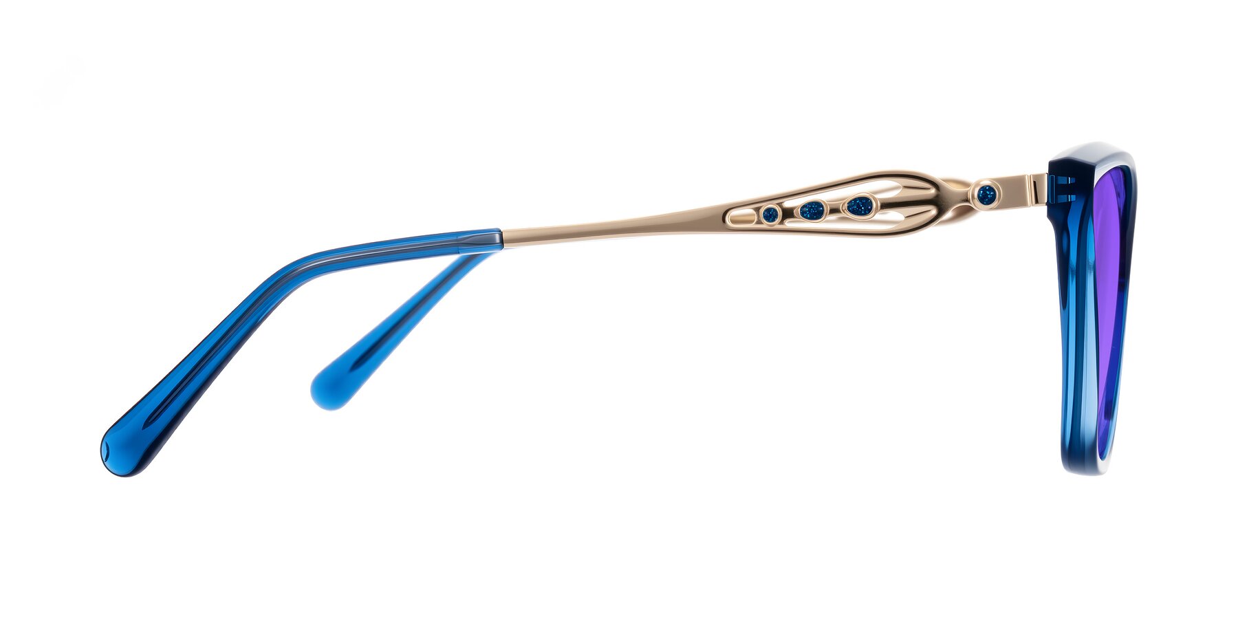 Side of Aspen in Transparent Blue with Purple Tinted Lenses