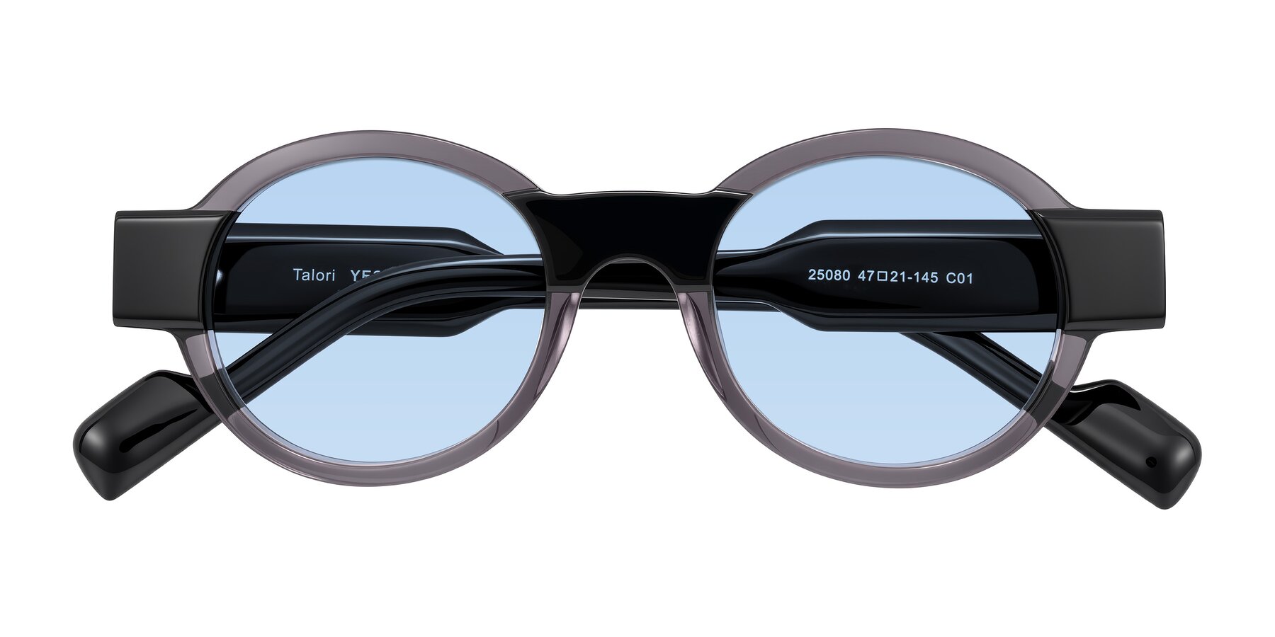Folded Front of Talori in Transparent Gray/Black with Light Blue Tinted Lenses