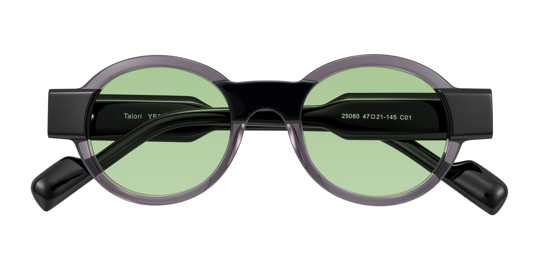 Folded Front of Talori in Transparent Gray/Black with Medium Green Tinted Lenses