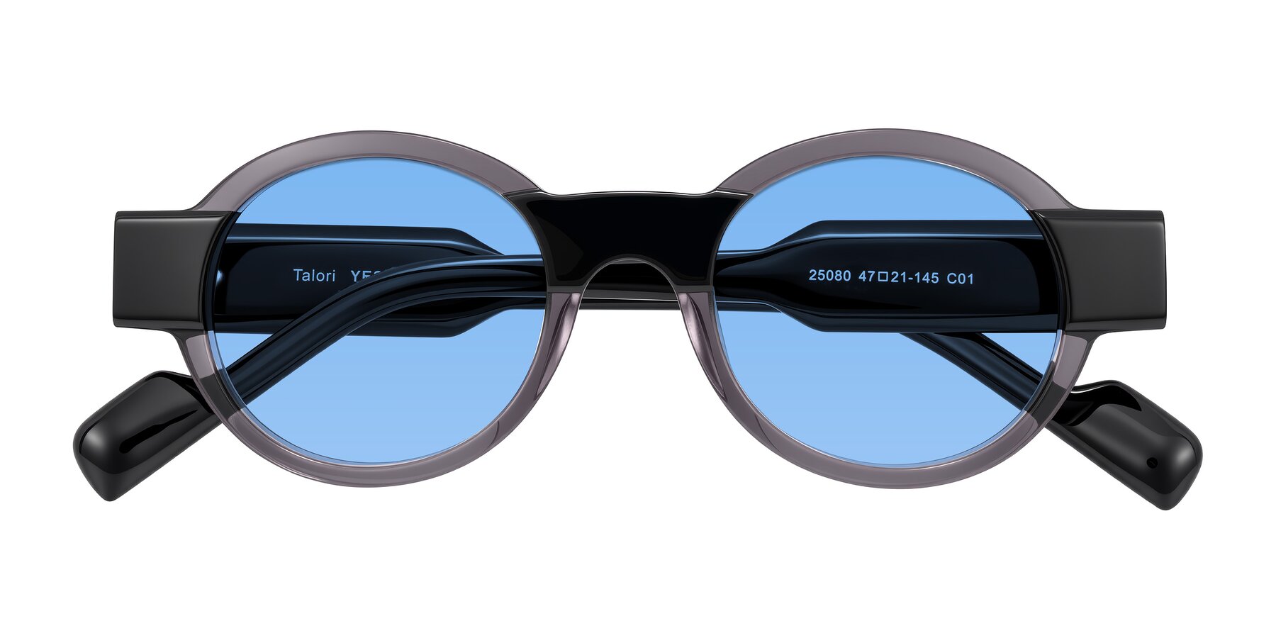 Folded Front of Talori in Transparent Gray/Black with Medium Blue Tinted Lenses