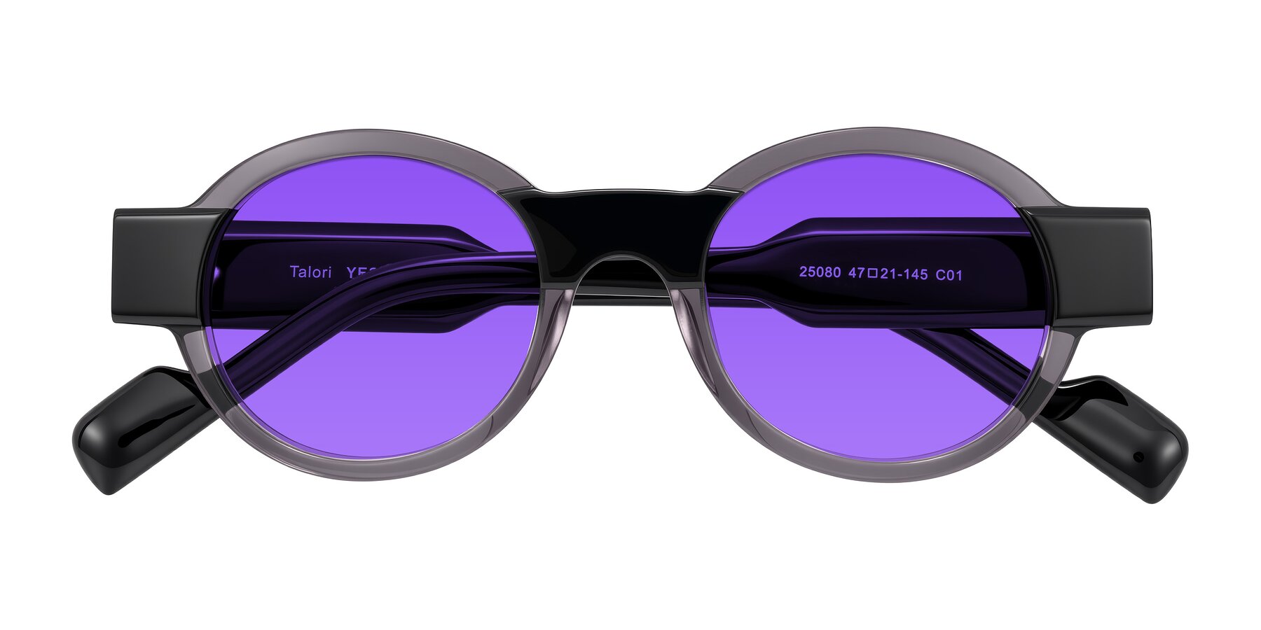 Folded Front of Talori in Transparent Gray/Black with Purple Tinted Lenses