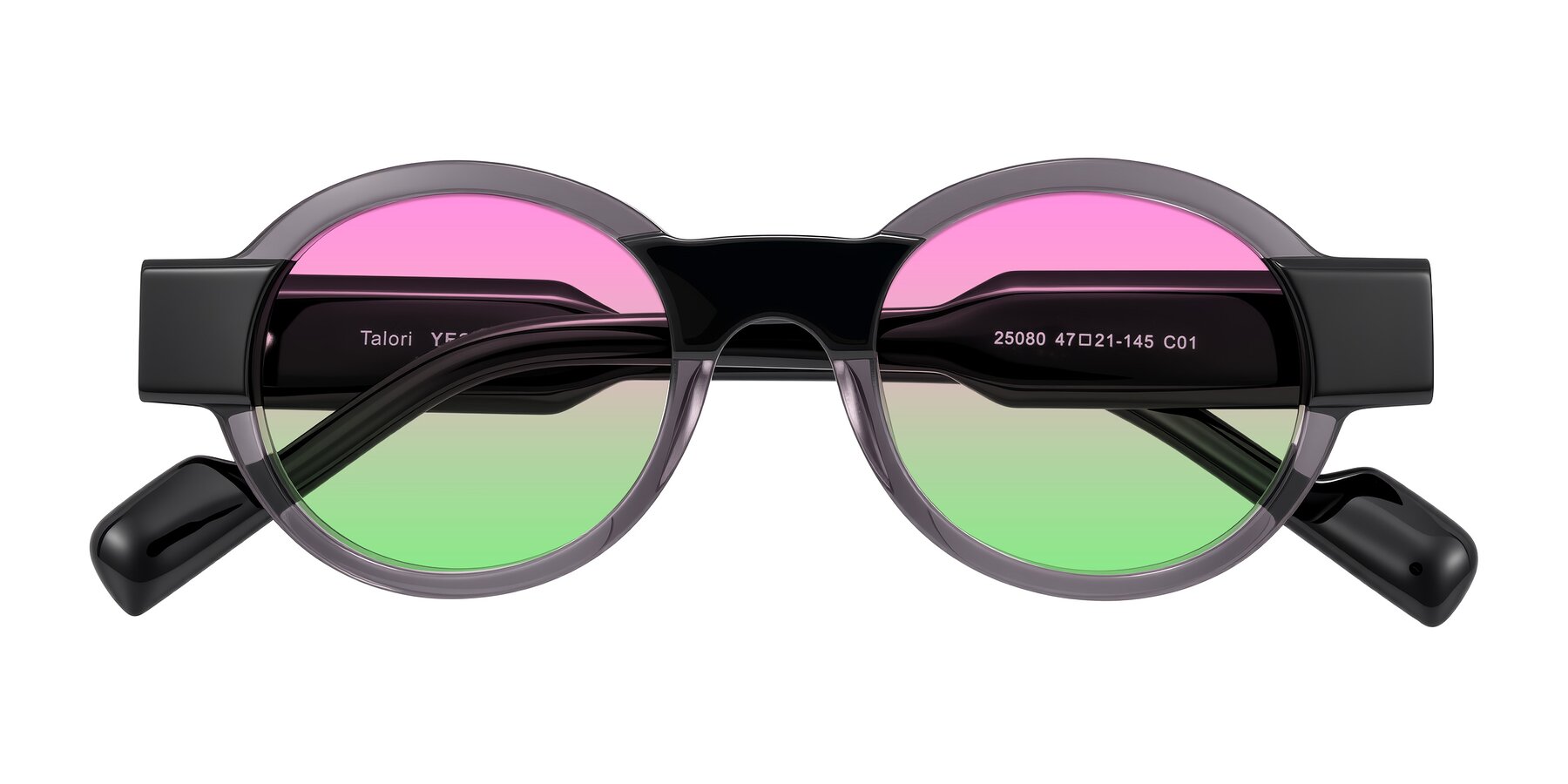 Folded Front of Talori in Transparent Gray/Black with Pink / Green Gradient Lenses