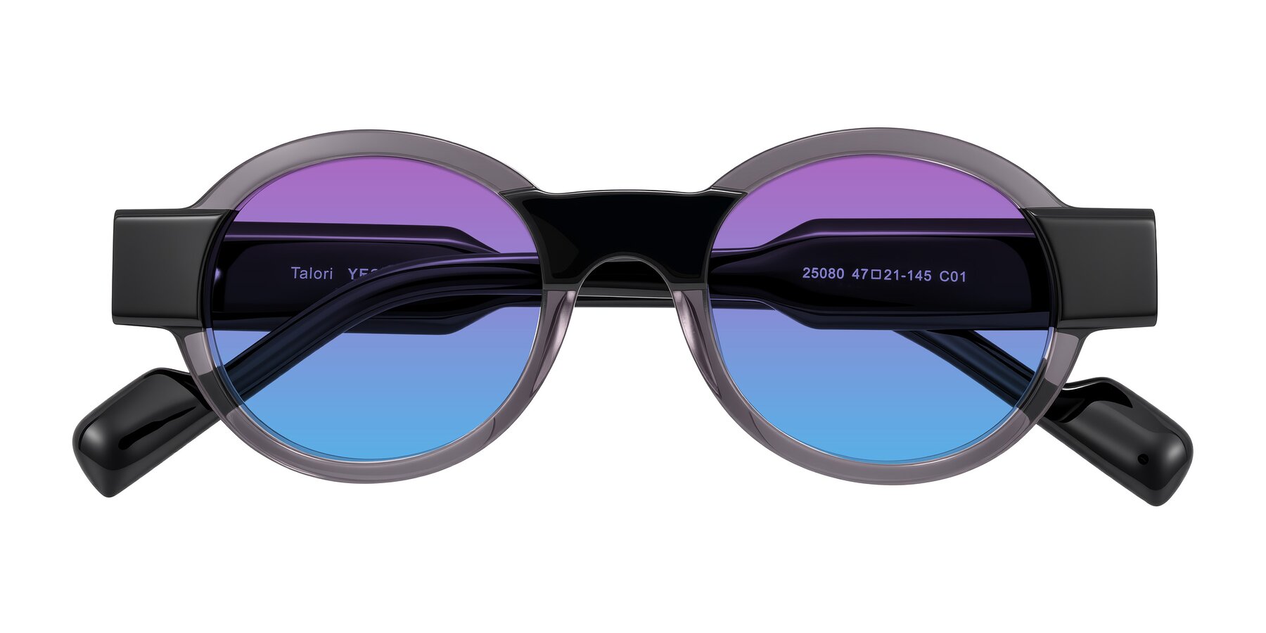 Folded Front of Talori in Transparent Gray/Black with Purple / Blue Gradient Lenses