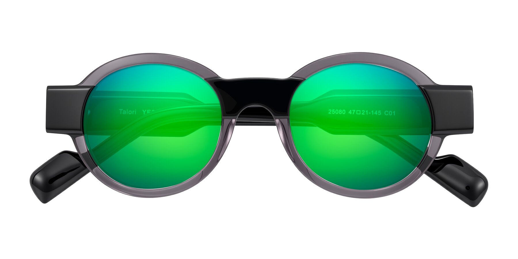 Folded Front of Talori in Transparent Gray/Black with Green Mirrored Lenses