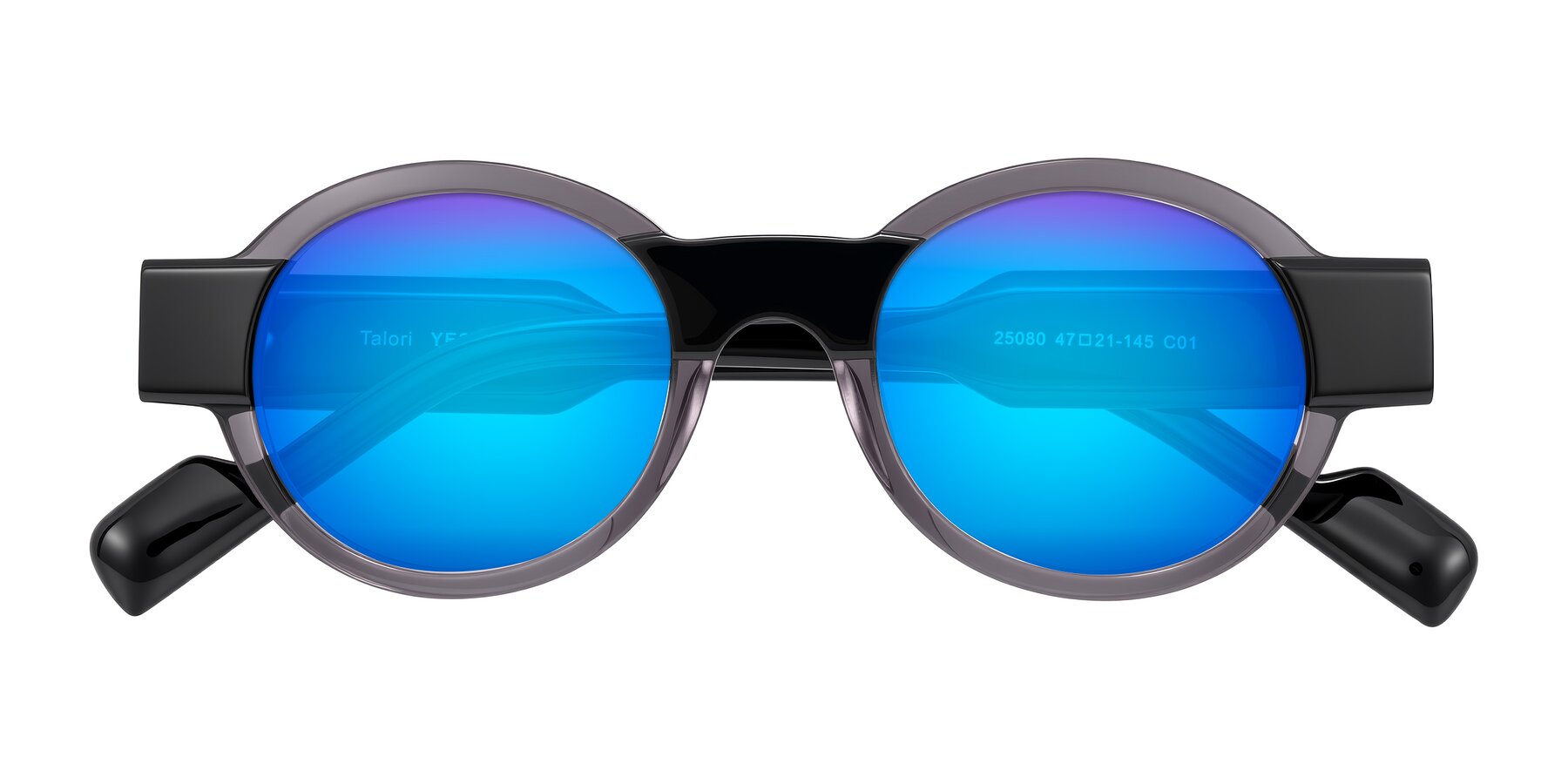 Folded Front of Talori in Transparent Gray/Black with Blue Mirrored Lenses