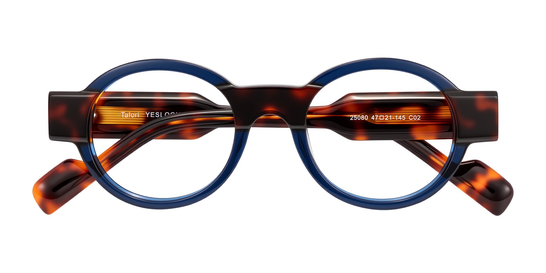 Folded Front of Talori in Transparent Blue/Tortoise with Clear Eyeglass Lenses