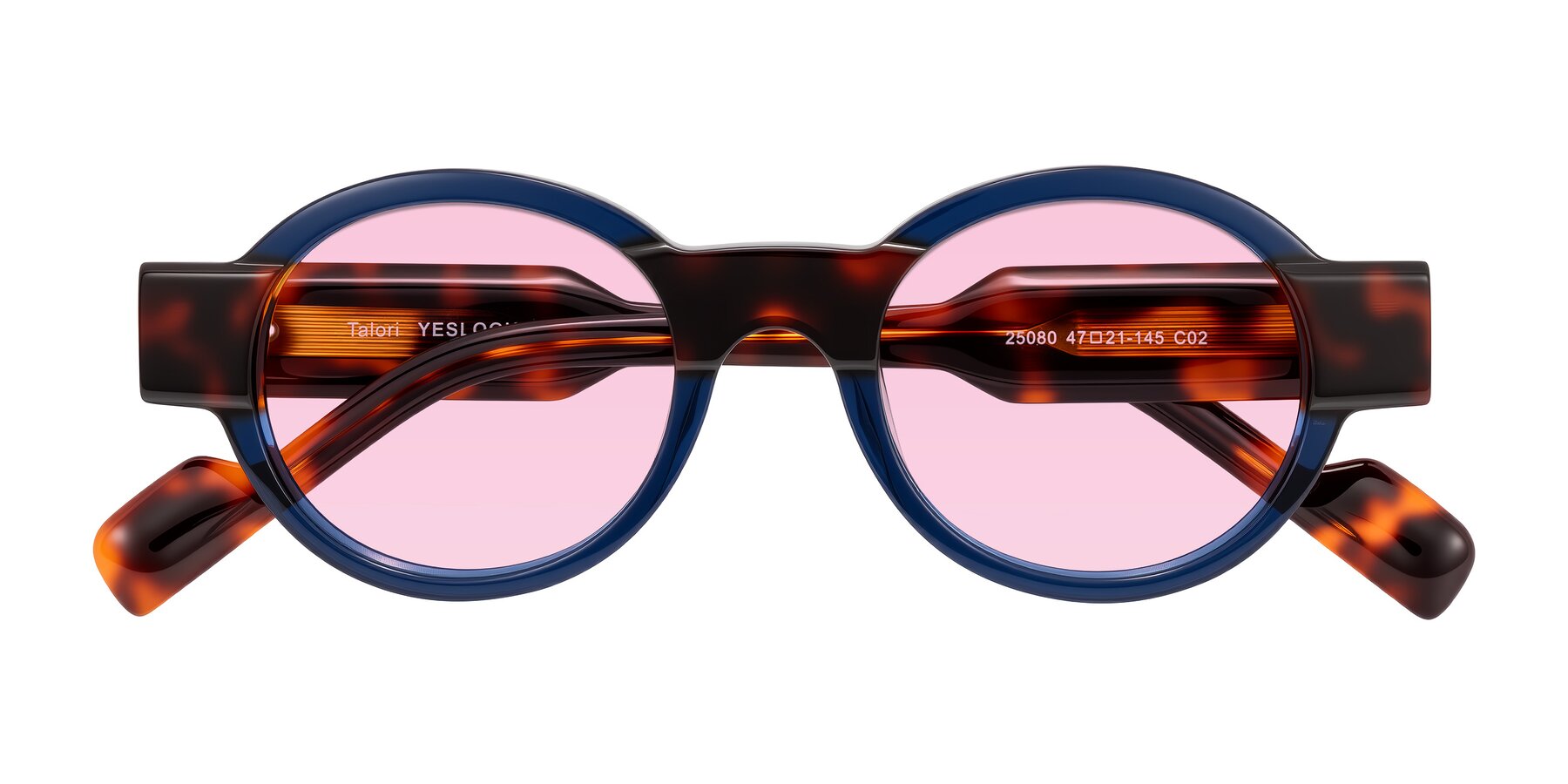 Folded Front of Talori in Transparent Blue/Tortoise with Light Pink Tinted Lenses
