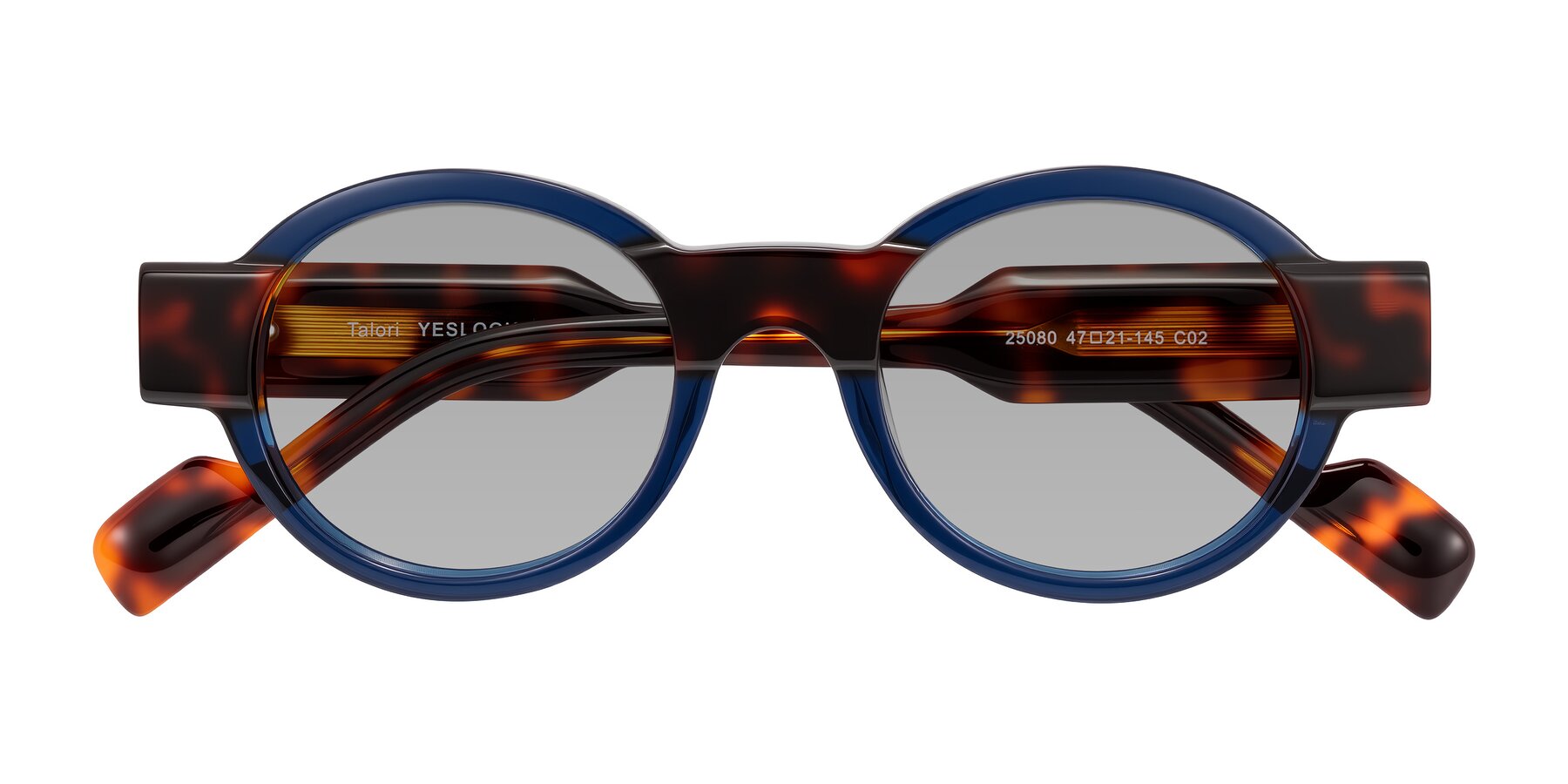 Folded Front of Talori in Transparent Blue/Tortoise with Light Gray Tinted Lenses