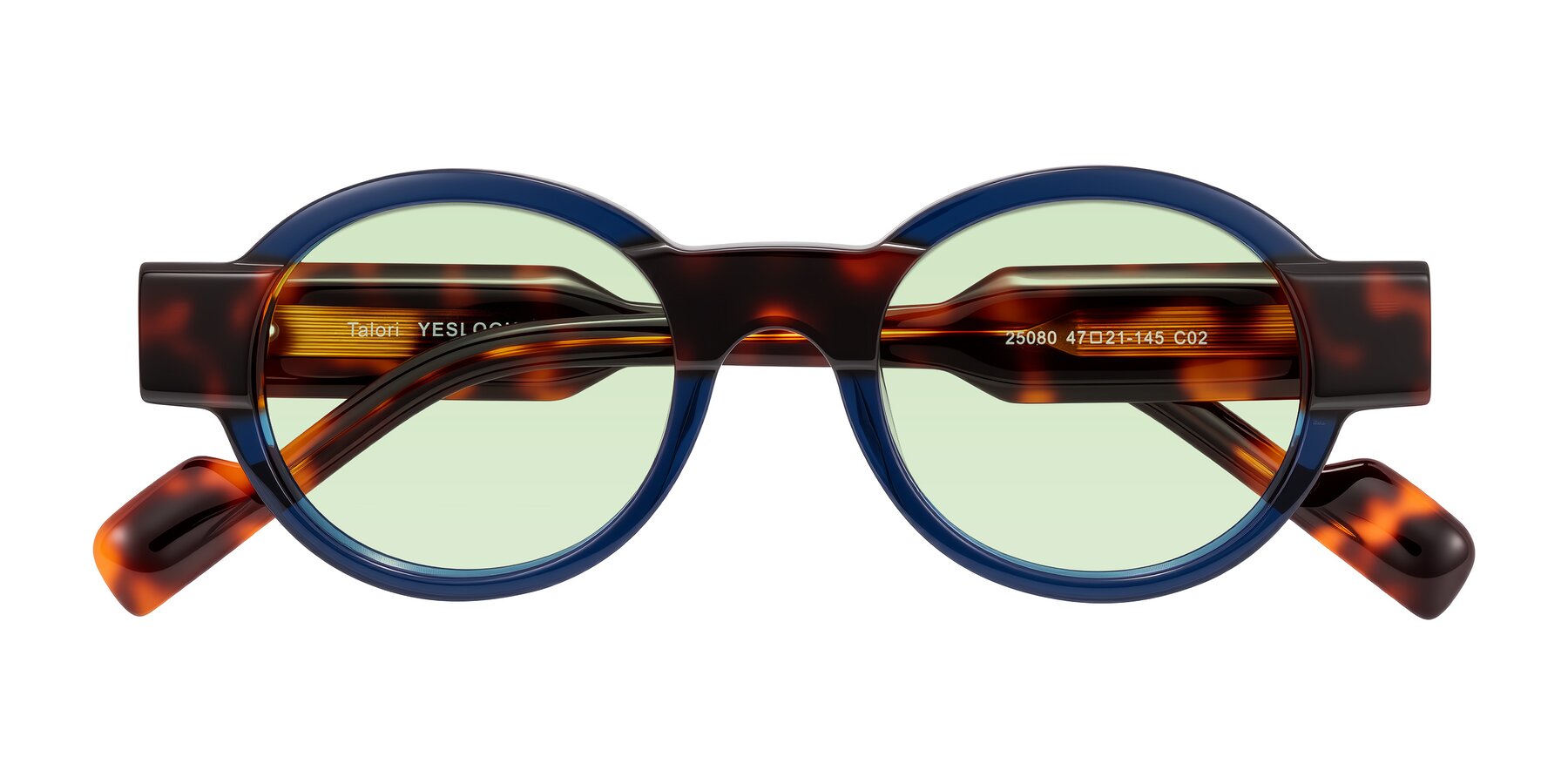 Folded Front of Talori in Transparent Blue/Tortoise with Light Green Tinted Lenses