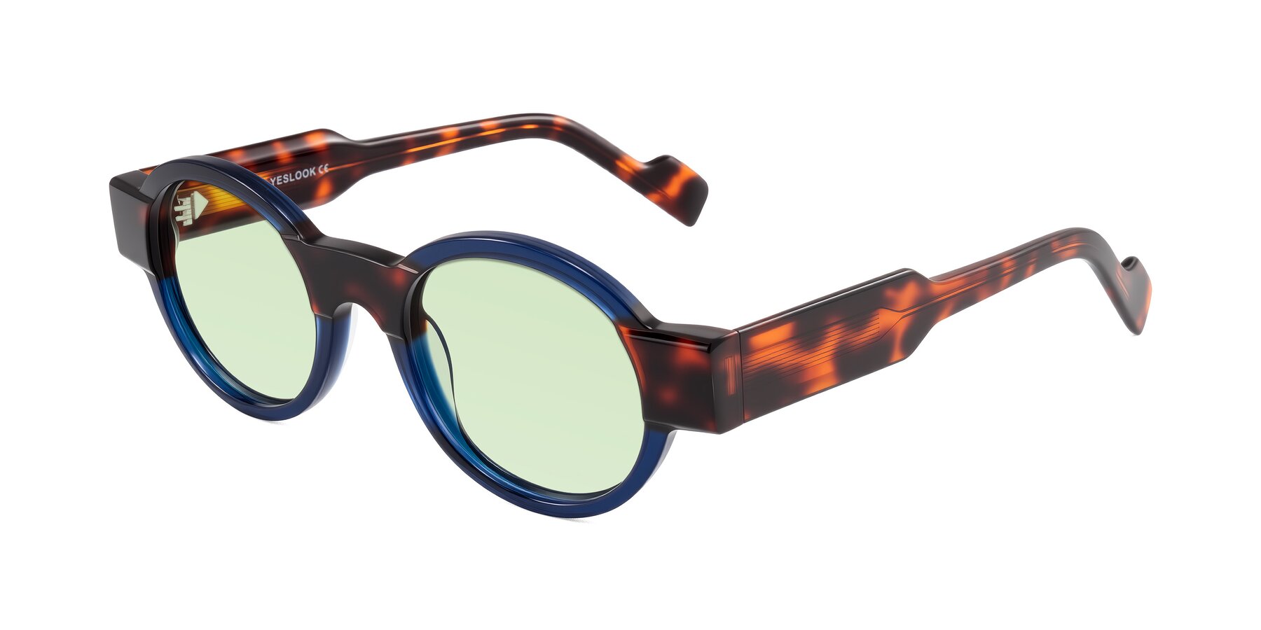 Angle of Talori in Transparent Blue/Tortoise with Light Green Tinted Lenses