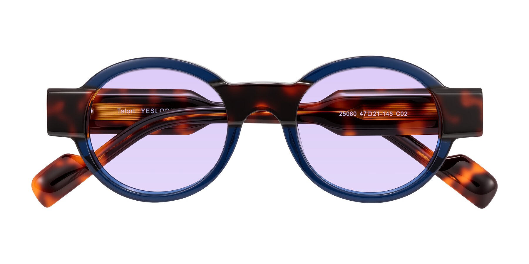 Folded Front of Talori in Transparent Blue/Tortoise with Light Purple Tinted Lenses