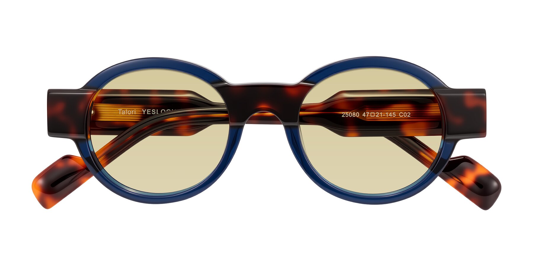 Folded Front of Talori in Transparent Blue/Tortoise with Light Champagne Tinted Lenses