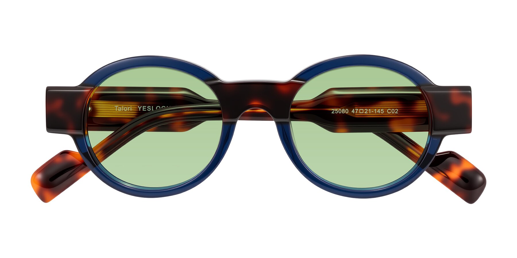 Folded Front of Talori in Transparent Blue/Tortoise with Medium Green Tinted Lenses