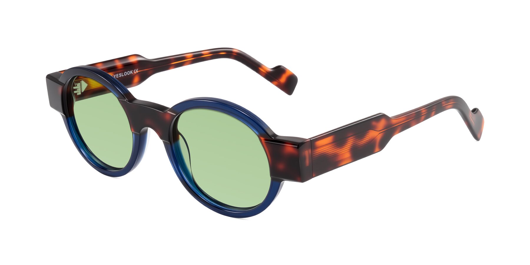 Angle of Talori in Transparent Blue/Tortoise with Medium Green Tinted Lenses