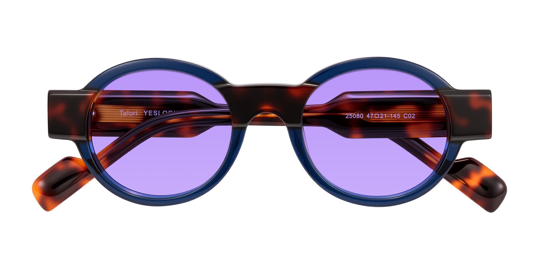 Folded Front of Talori in Transparent Blue/Tortoise with Medium Purple Tinted Lenses