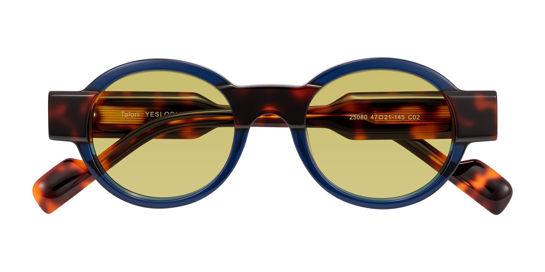 Folded Front of Talori in Transparent Blue/Tortoise with Medium Champagne Tinted Lenses