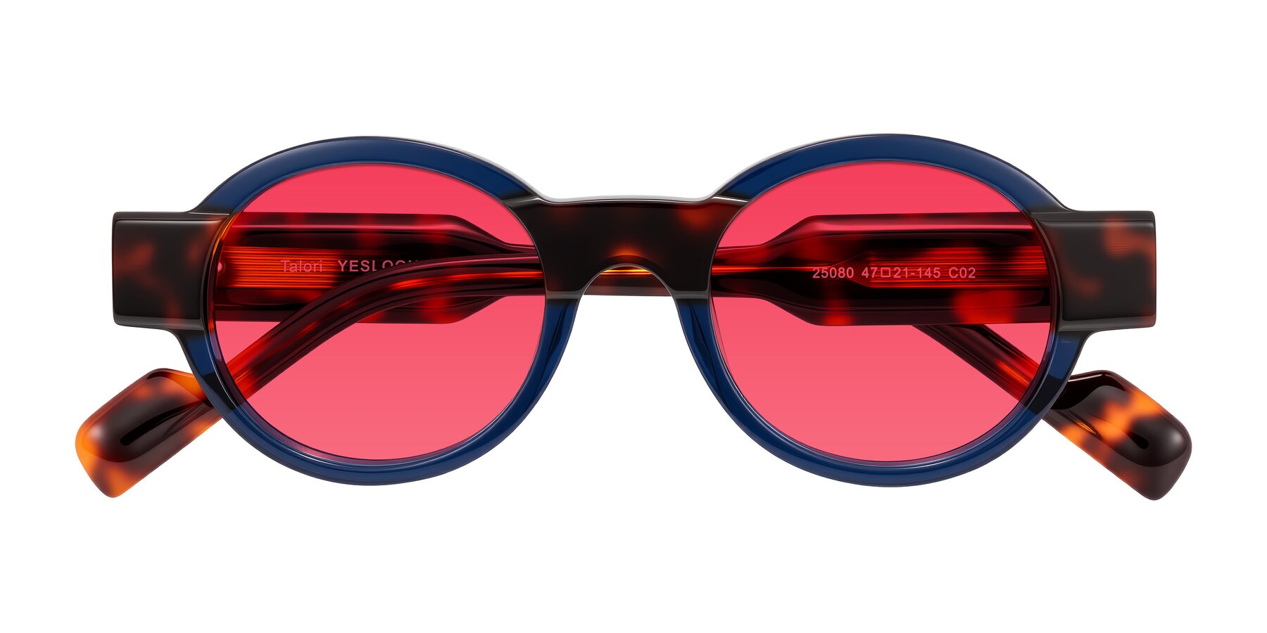 Folded Front of Talori in Transparent Blue/Tortoise with Red Tinted Lenses