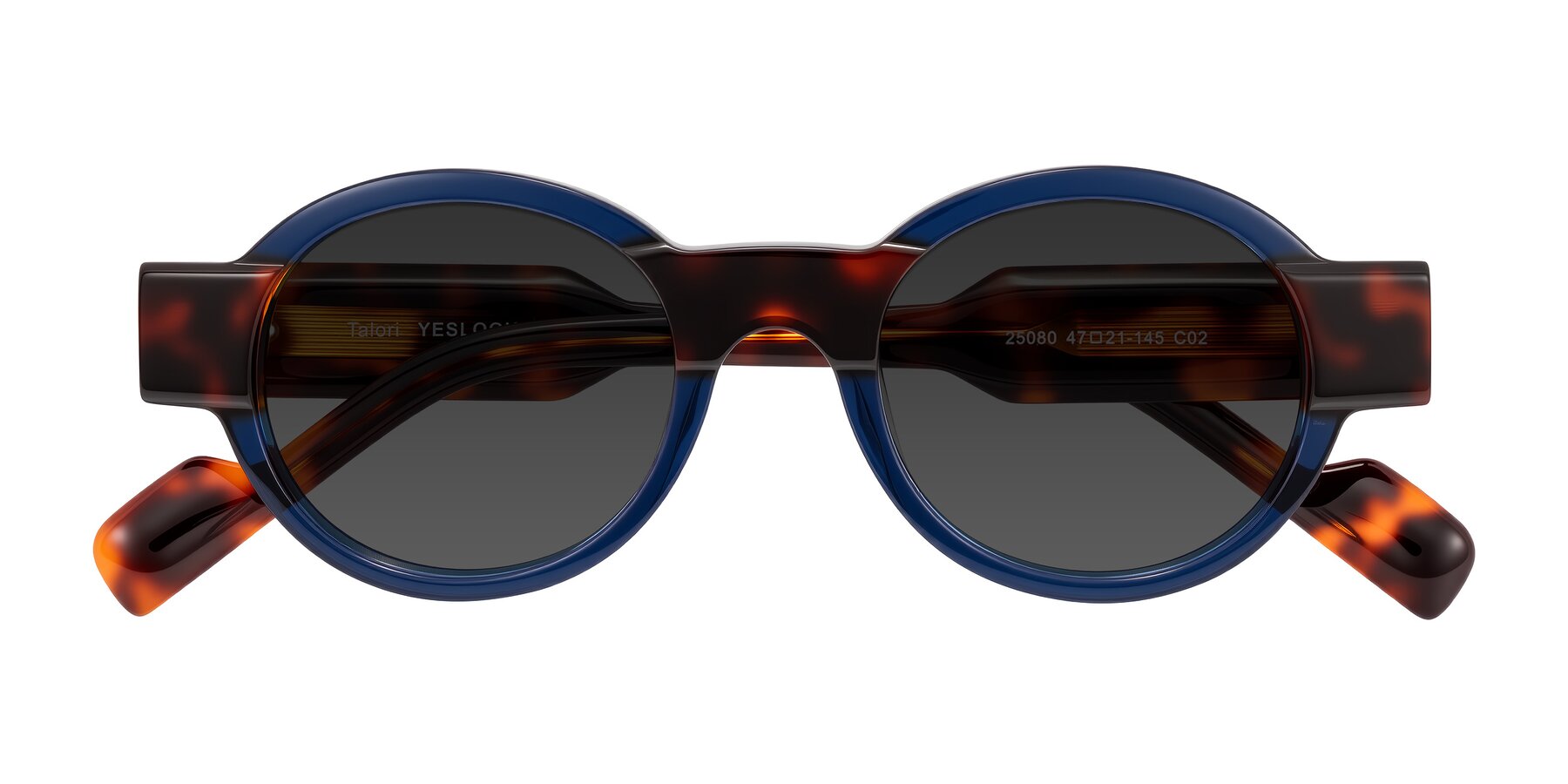 Folded Front of Talori in Transparent Blue/Tortoise with Gray Tinted Lenses