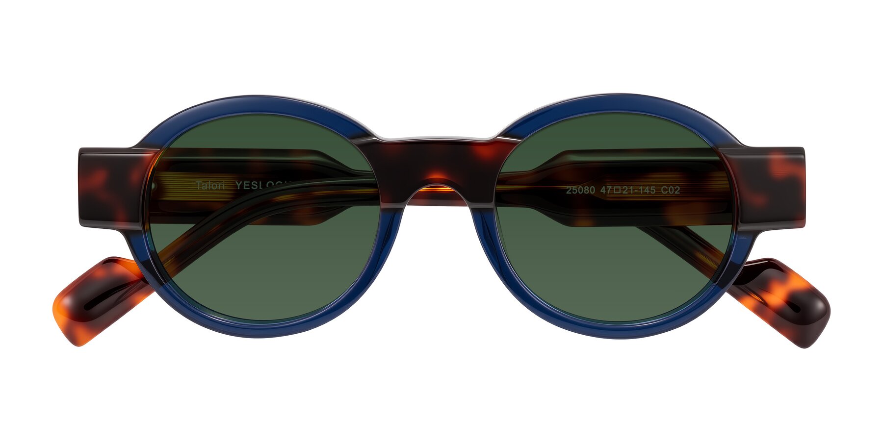 Folded Front of Talori in Transparent Blue/Tortoise with Green Tinted Lenses