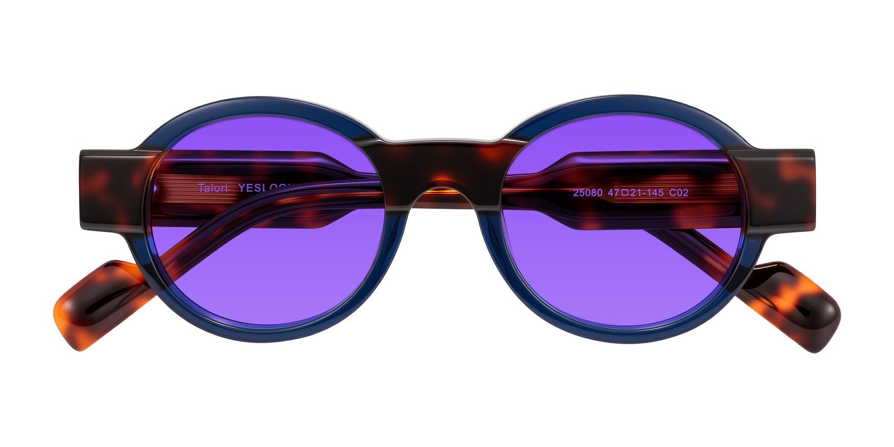 Folded Front of Talori in Transparent Blue/Tortoise with Purple Tinted Lenses